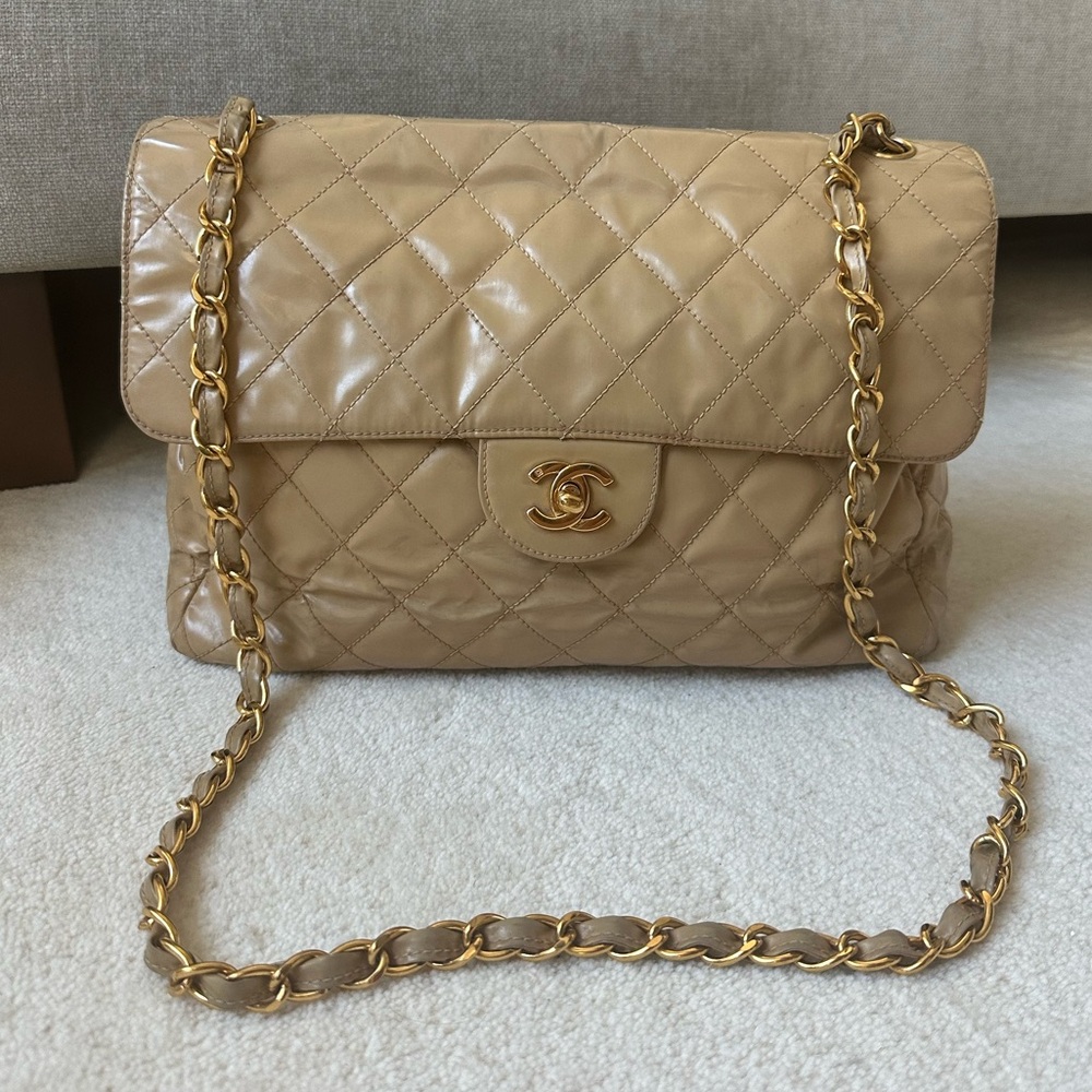 Chanel Patent Leather Beige With Gold Hardware Classic Large Flap Bag